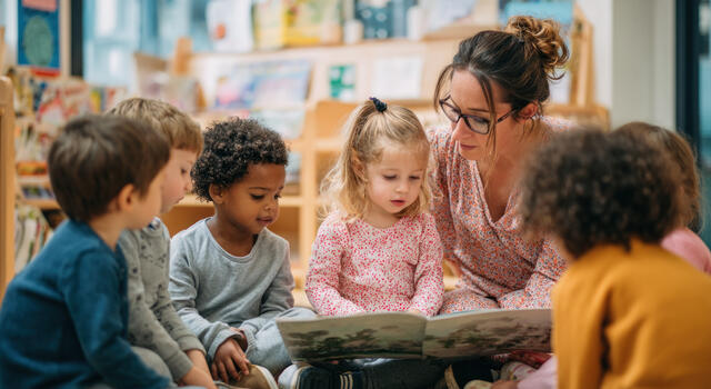 leerkracht die een boek voorleest aan kinderen